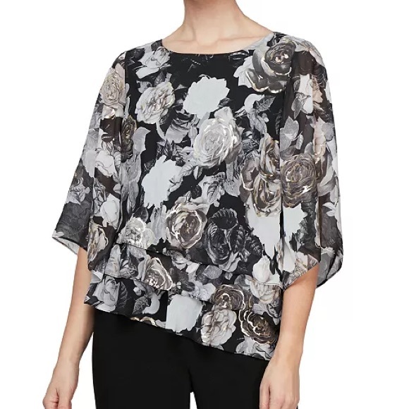 Alex Evenings Tops - Alex Evenings Black and White Floral Blouse Size Small